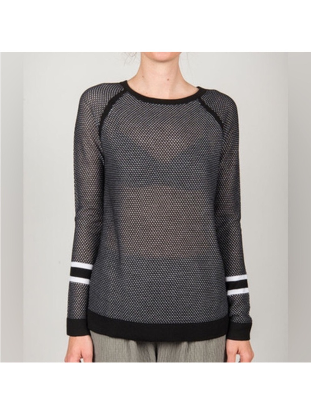 rag & bone/jean Black Crewneck Sweater with White Sleeve Stripes size small VGUC